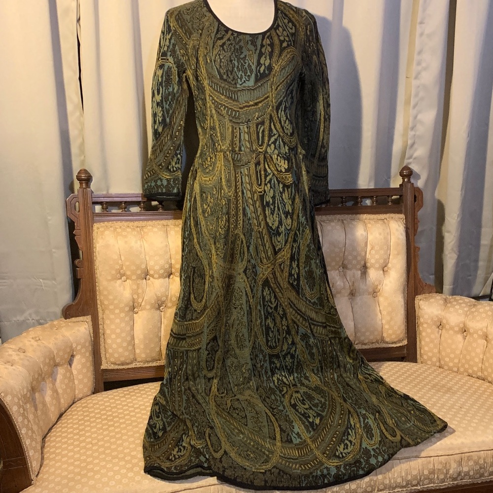 Peruvian Connection Green and Gold Maxi Dress